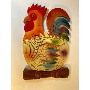 Vintage Wooden Rooster Collapsible Fruit Basket‎ Hand Painted Folk Art 15 Inch